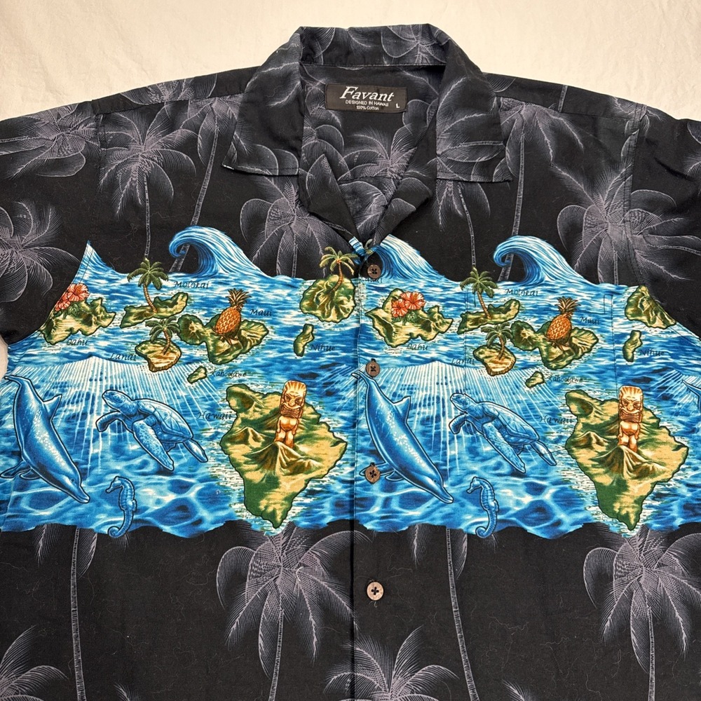 Favant Mens Hawaiian Shirt L Cotton Aloha Button Front Beer Bottles Palm Tree
